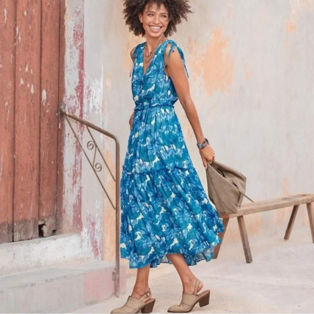 Sundance Maren Meadow Sleeveless Tiered Tie Midi Dress Blue Floral Small Boho